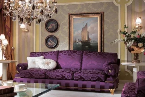 Vintage Glamour Sofa with Floral Damask Upholstery and Striped Base