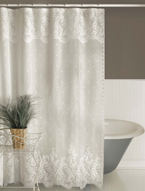 Vintage Lace Shower Curtain, Scalloped Edge, Floral Trim, Ivory Pointelle.