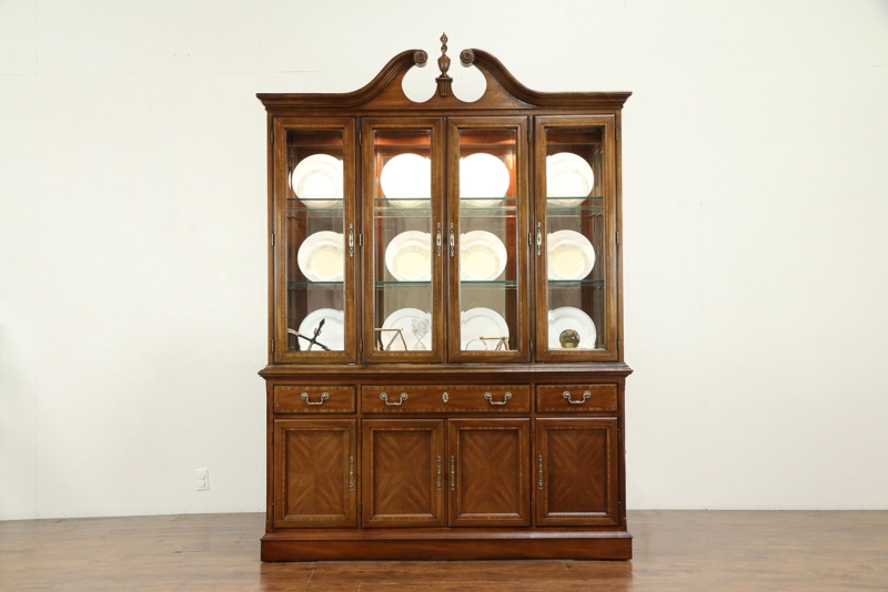 Vintage Mahogany Breakfront with Swan Neck Pediment and Inlay