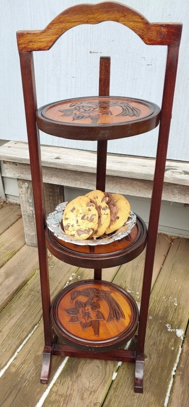 Vintage Mahogany Pie Stand, 3-Tier with Hand-Carved Bird Motif