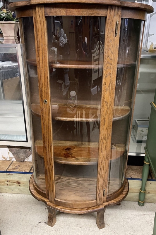 Vintage Oak Display Case Curved Glass Rounded Front Lockable Door
