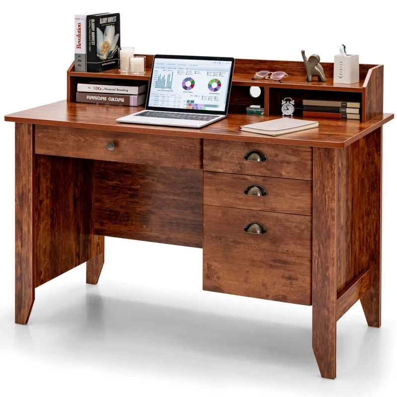Vintage Office Desk Hutch: Rustic Brown Finish Bin Pull Hardware