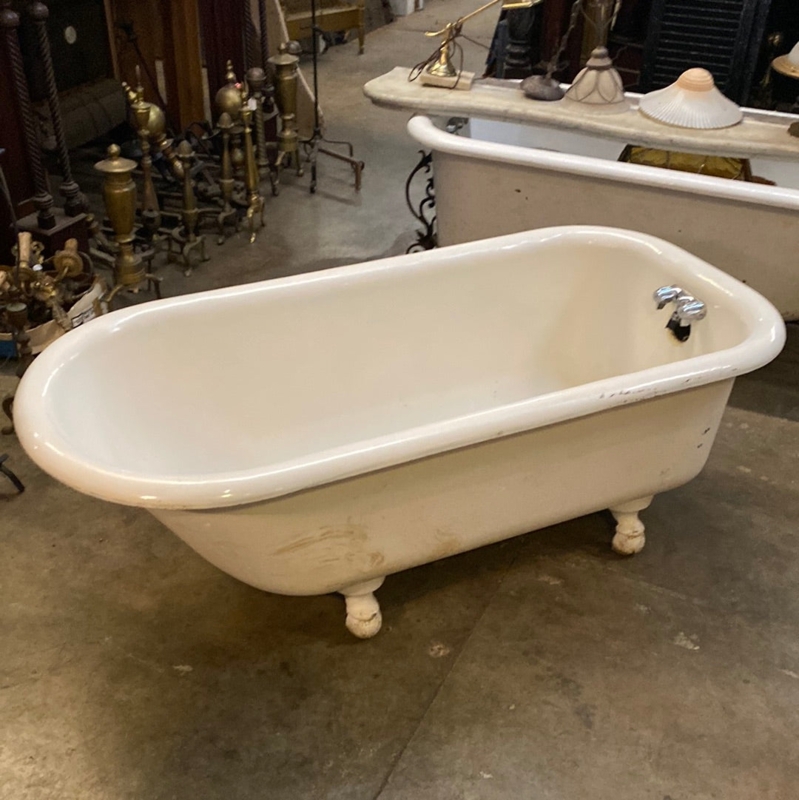 Vintage White Clawfoot Bathtub with Rolled Rim & Distressed Exterior