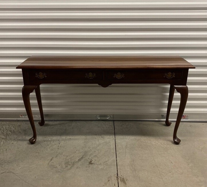 Vintage Wood Console Table: Narrow Profile, Double Drawers, Cabriole Legs