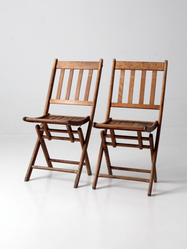 Vintage Wood Folding Chair Aged Patina Four Slat Back