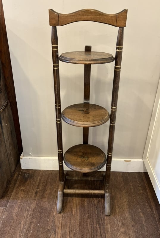 Vintage Wood Folding Stand, Walnut 3-Tier with Stenciled Fruit