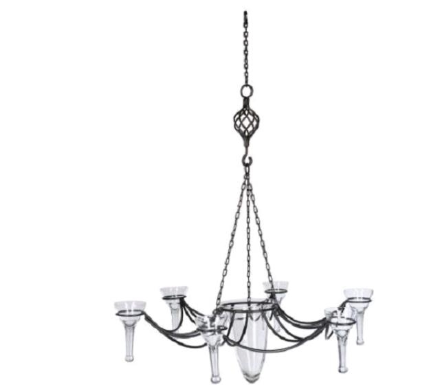 Votive Chandelier Central Glass Vessel Birdcage Detail Curved Arms