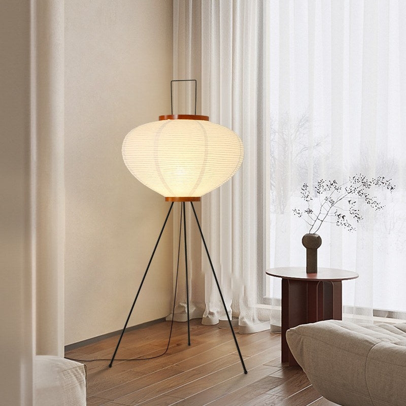 Wabi-Sabi Living Room Light, Ribbed Paper Shade with Wood Collars