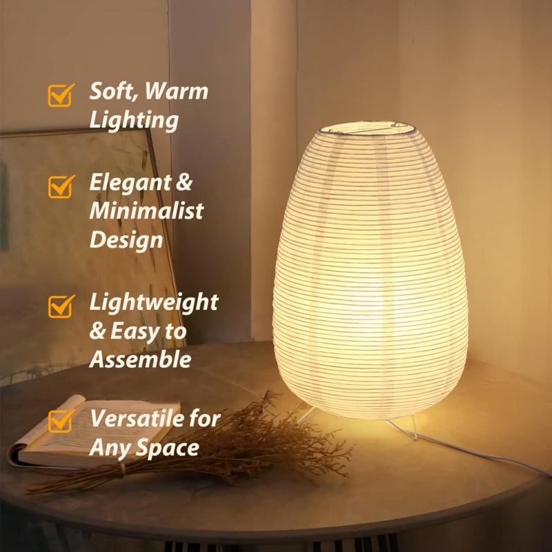 Wabi-Sabi Paper Lamp, Ribbed Egg-Shaped Shade with Soft Ambient Glow