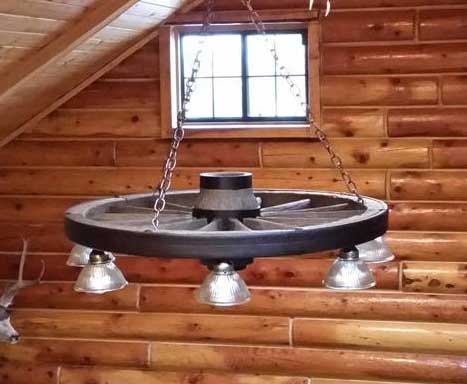 Wagon Wheel Chandelier, Downward Facing Pendant Lights, Log Cabin Style