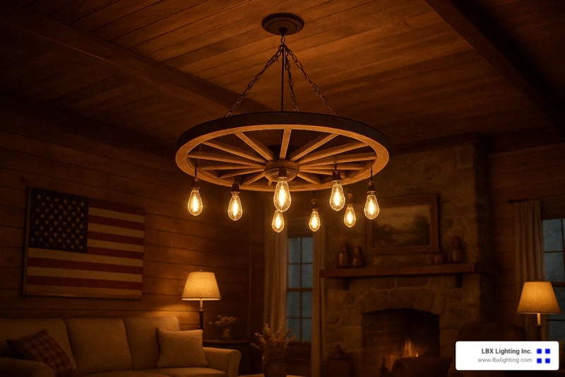 Wagon Wheel Chandelier, Exposed Teardrop Bulbs, Rustic Lodge Hanging Lamp