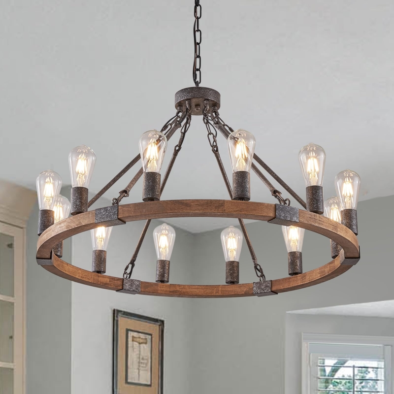 Wagon Wheel Chandelier, Metal Brackets, 12-Lights, Rustic Farmhouse