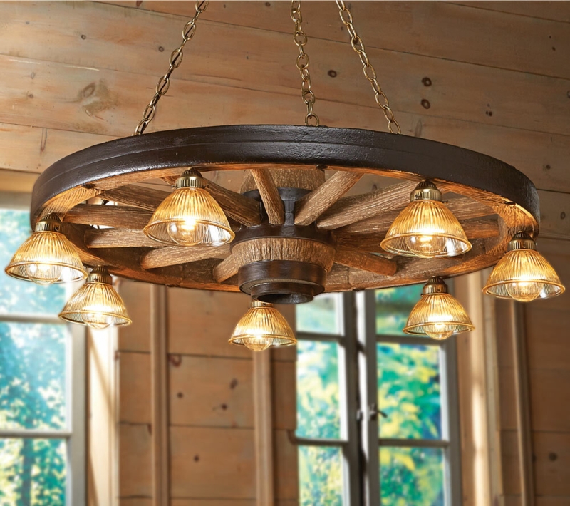 Wagon Wheel Chandelier, Ribbed Glass Downlights, Distressed Wood Finish