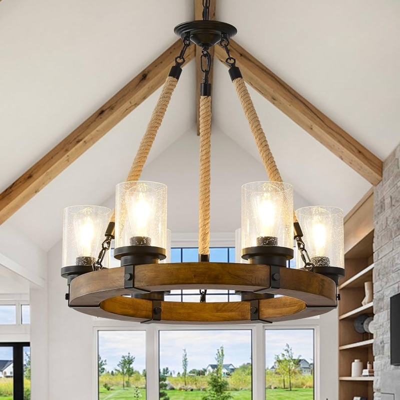 Wagon Wheel Chandelier, Rope Wrapped Supports, Seeded Glass, 6-Light.