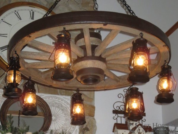 Wagon Wheel Chandelier, Seven Hanging Lanterns, Western Pendant Light
