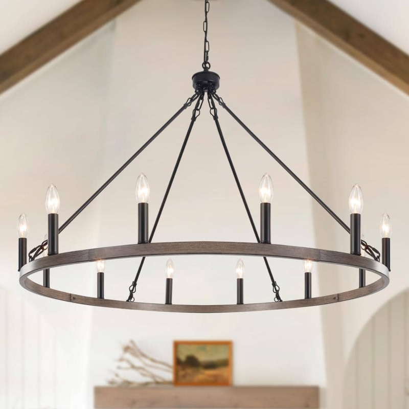 Wagon Wheel Chandelier, Tapered Support Rods, 12-Light Modern Farmhouse