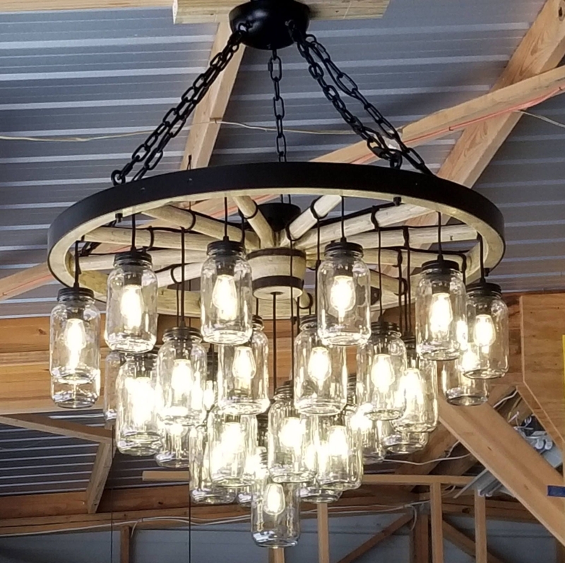 Wagon Wheel Chandelier, Tiered Mason Jar Shades, Rustic Farmhouse Light