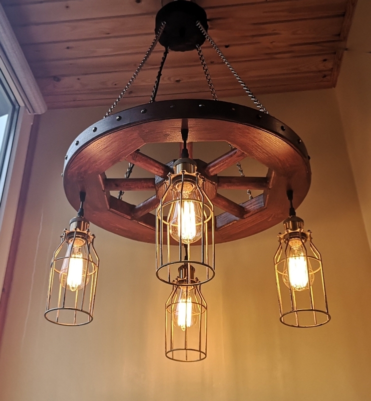 Wagon Wheel Chandelier, Wire Bulb Cages, Industrial Farmhouse Dining Light