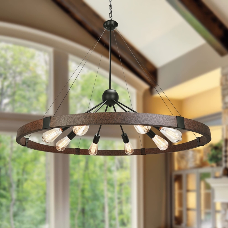 Wagon Wheel Chandelier with Rust Toned Frame, 8-Light Farmhouse Fixture
