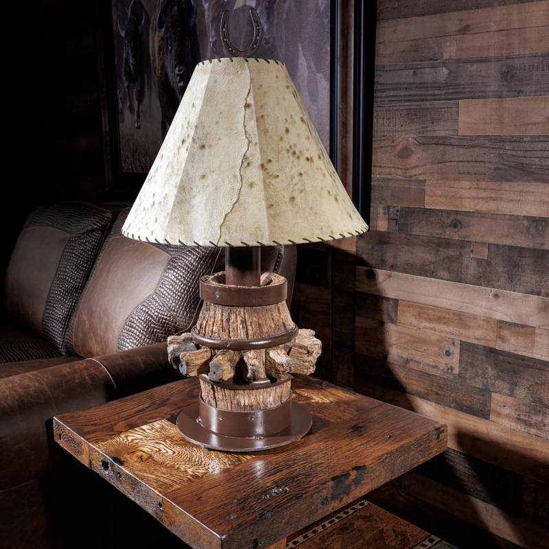 Wagon Wheel Hub Table Lamp with Horseshoe Accent & Rawhide Shade