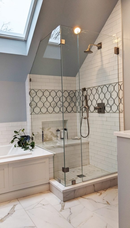 Walk-In Shower Arabesque Mosaic Inlay Slanted Ceiling Gold Hardware