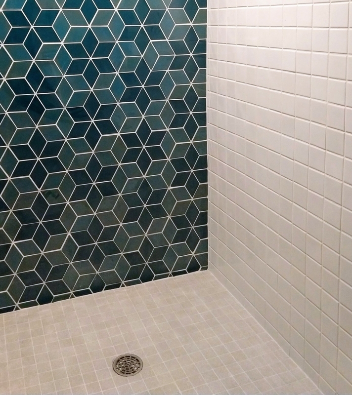 Walk-In Shower Deep Teal Geometric Cube Pattern Accent Wall