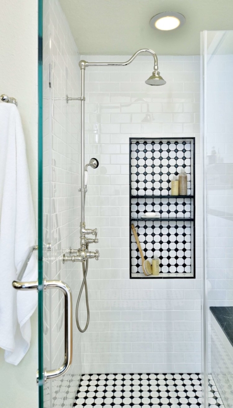 Walk-In Shower Traditional Style Octagon Dot Accent Exposed Plumbing