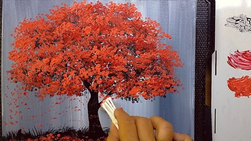 Wall Art Acrylic Cotton Swab Technique Stippled Red Tree Painting