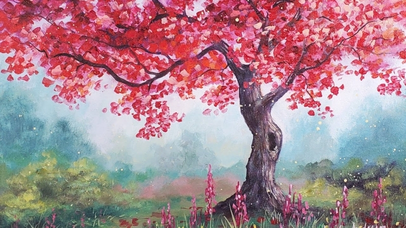 Wall Art Acrylic Gnarled Tree Trunk Ethereal Mist Wildflowers