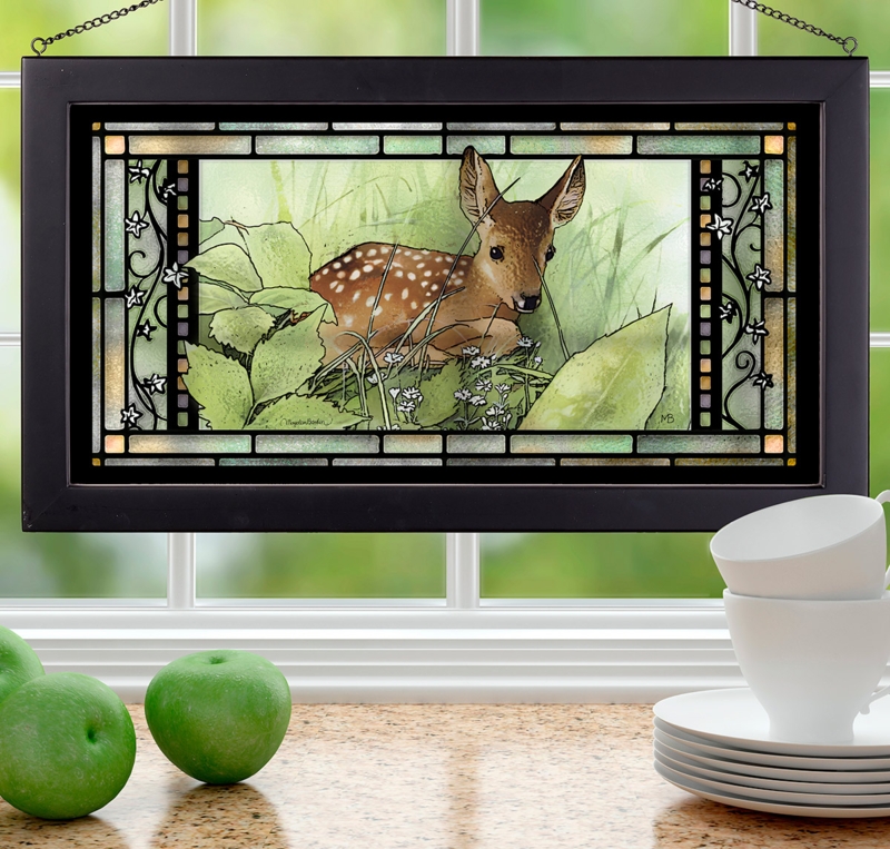 Wall Art Fawn Subject Mosaic Border Rustic Stained Glass