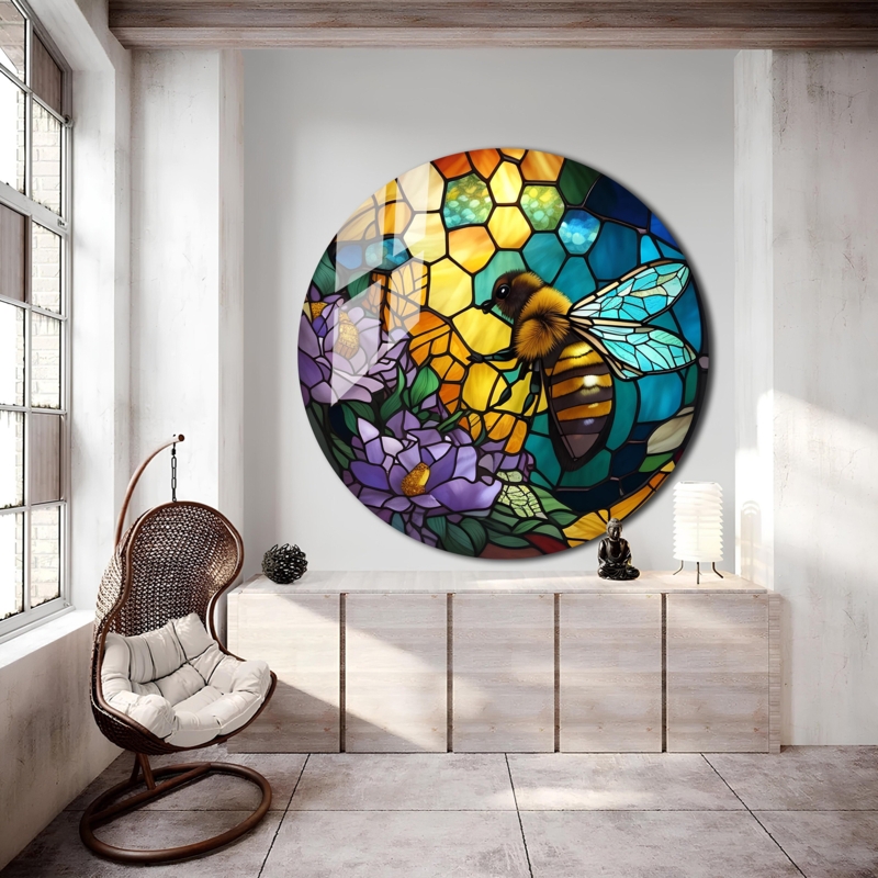 Wall Art Honeybee Motif Circular Stained Glass Effect Large