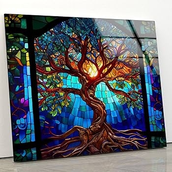 Wall Art Tree of Life Motif Stained Glass Reflective Panel