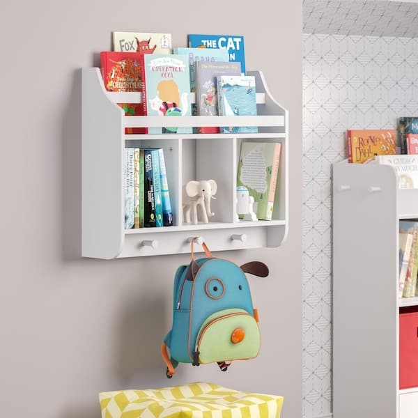 Wall Bookshelf White with Storage Cubbies and Hanging Pegs.