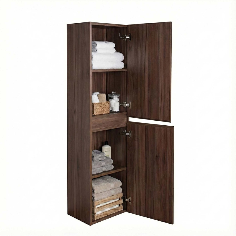 Wall Cabinet, Walnut Brown with Dual Compartments and Handleless Doors.
