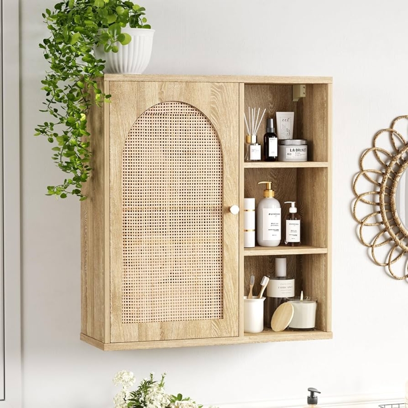 Wall Cabinet with Arched Rattan Door and Open Side Shelving
