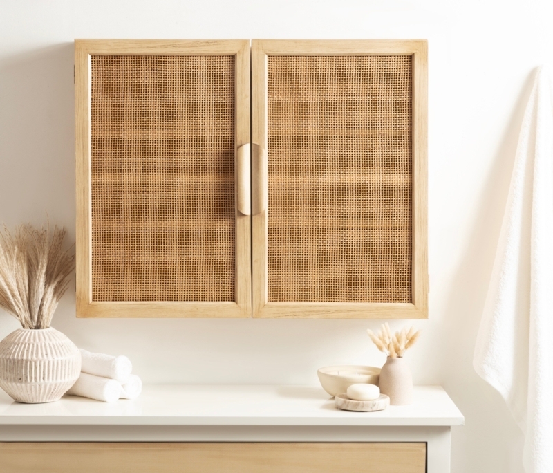 Wall Cabinet with Woven Door Panels and Semi-Circle Pulls