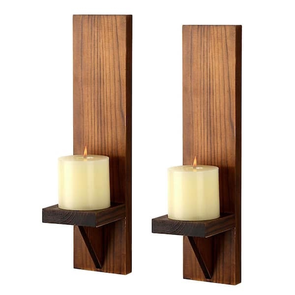 Wall Candle Sconce Set, Vertical Plank, Triangular Brace, Walnut Brown