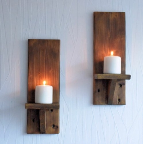 Wall Candle Sconce Set, Walnut Brown Stain, Vertical Plank, Simple Corbel