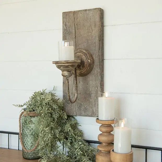 Wall Candle Sconce, Weathered Wood Plank, Glass Hurricane, Pedestal Arm