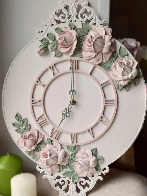 Wall Clock 3D Floral Applique Ornate Scrollwork Filigree Hands