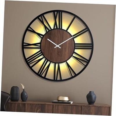 Wall Clock Backlit Roman Numerals Metal and Wood Industrial