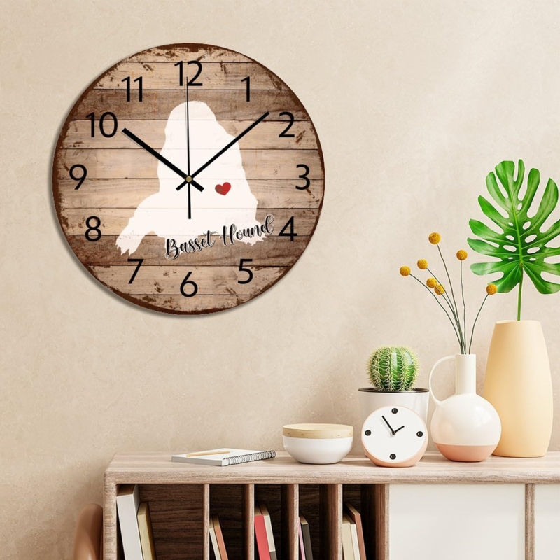 Wall Clock Basset Hound Silhouette Distressed Wood Plank