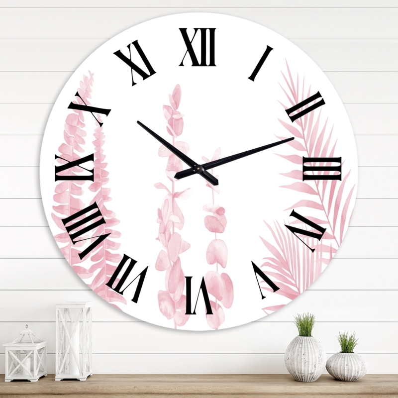 Wall Clock Blush Pink Watercolor Aluminum Floral Eucalyptus
