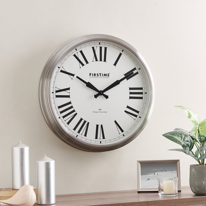 Wall Clock Bold Roman Numerals Stepped Bezel Classic Metal Timepiece