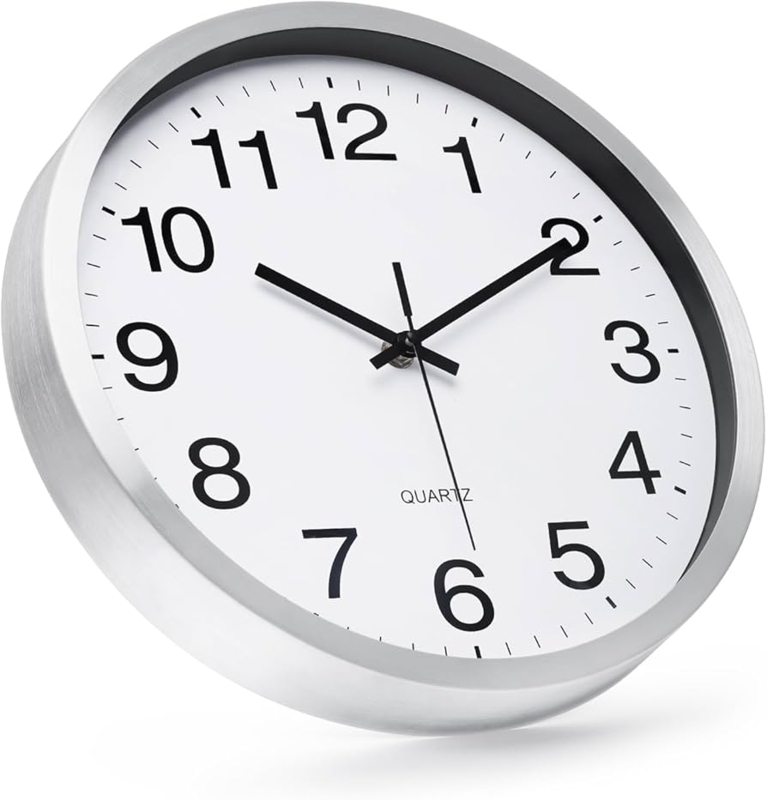 Wall Clock Brushed Silver Quartz Movement Large Numeral Kitchen