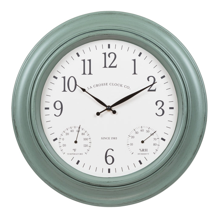 Wall Clock Built In Thermometer Sage Green Frame Stepped Bezel
