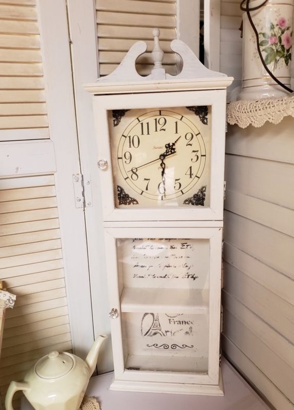 Wall Clock Cabinet French Script Graphics Two Tiered Storage Cottagecore