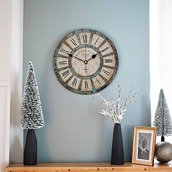 Wall Clock Distressed Teal Finish Cafe de la Gare Motif Silent Movement