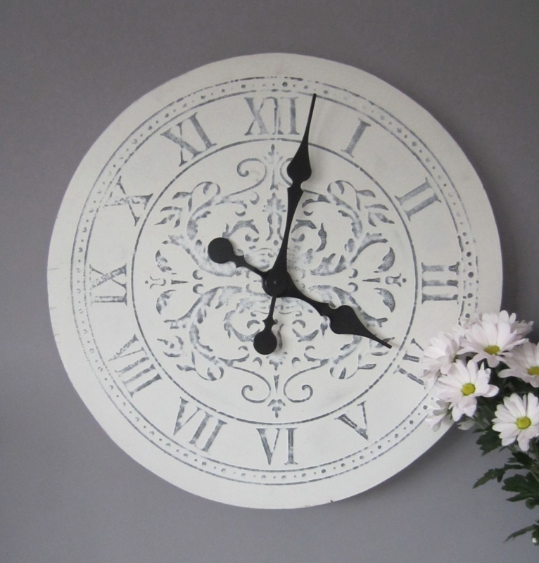 Wall Clock Distressed Whitewash Roman Numerals Ornate Hands Shabby Chic