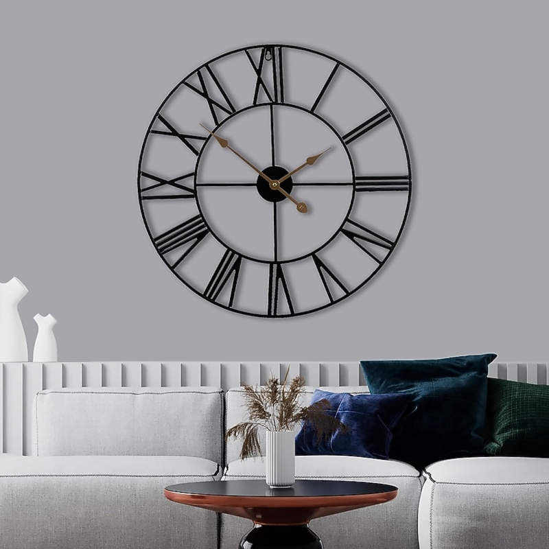 Wall Clock Dual Ring Open Frame Black Metal Gold Hands